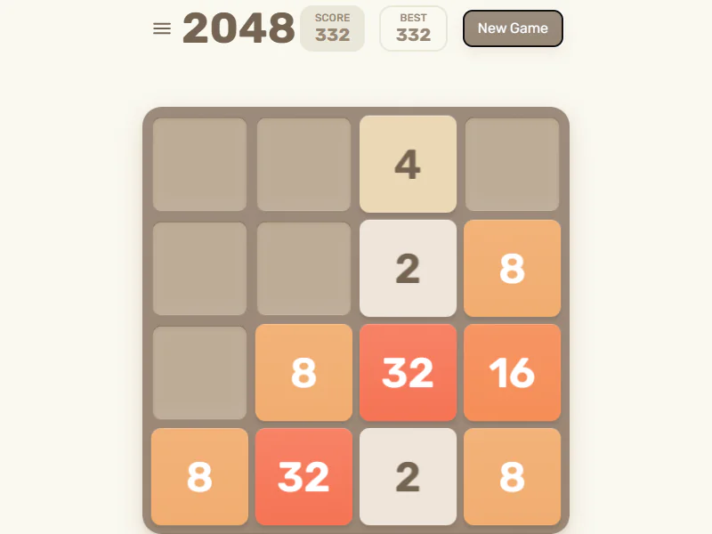 2048のスコア332の盤面に32のタイルが2枚、16と8のタイルが並ぶゲーム中画面