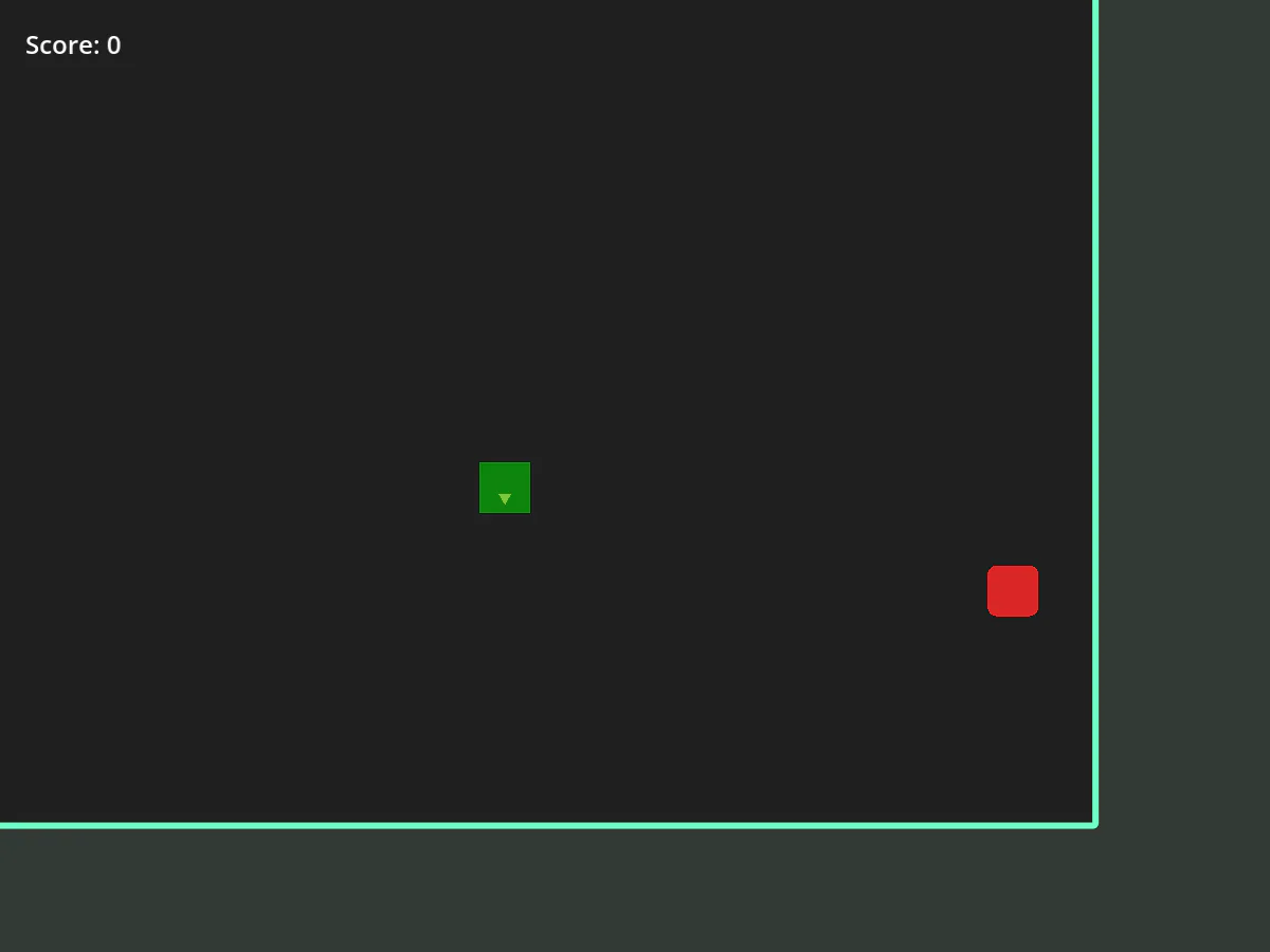 A Simple Snake GameでScore 0、下向きの緑色のヘビと赤い餌が離れて配置されたゲーム中画面
