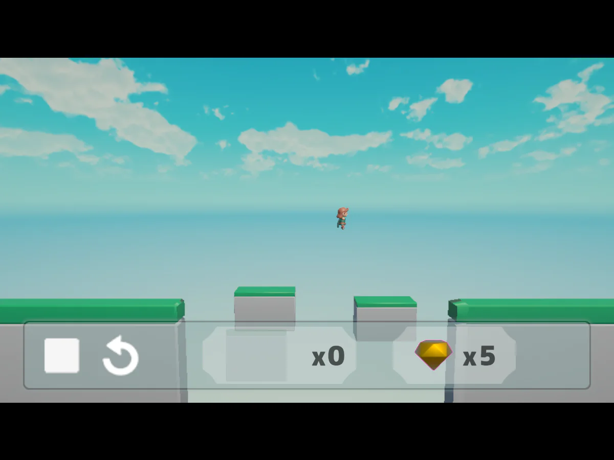アクションゲームの裏方さんの第2ステージで、キャラクターが配置した2つの足場の間をジャンプしている再生中のゲーム画面