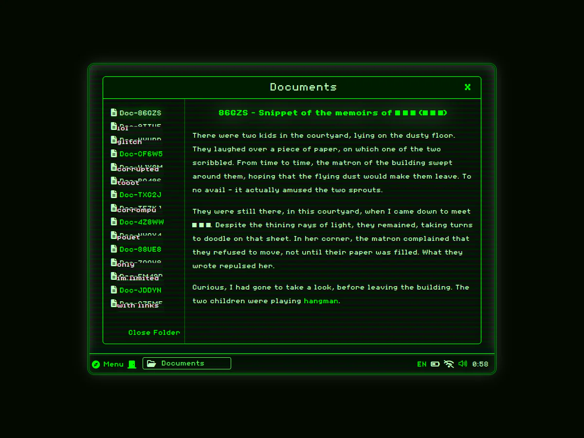 DOL-OSのDocuments内でDoc-86GZSを選択し、過去の出来事を振り返る英語文のプレビューが右側に表示されている