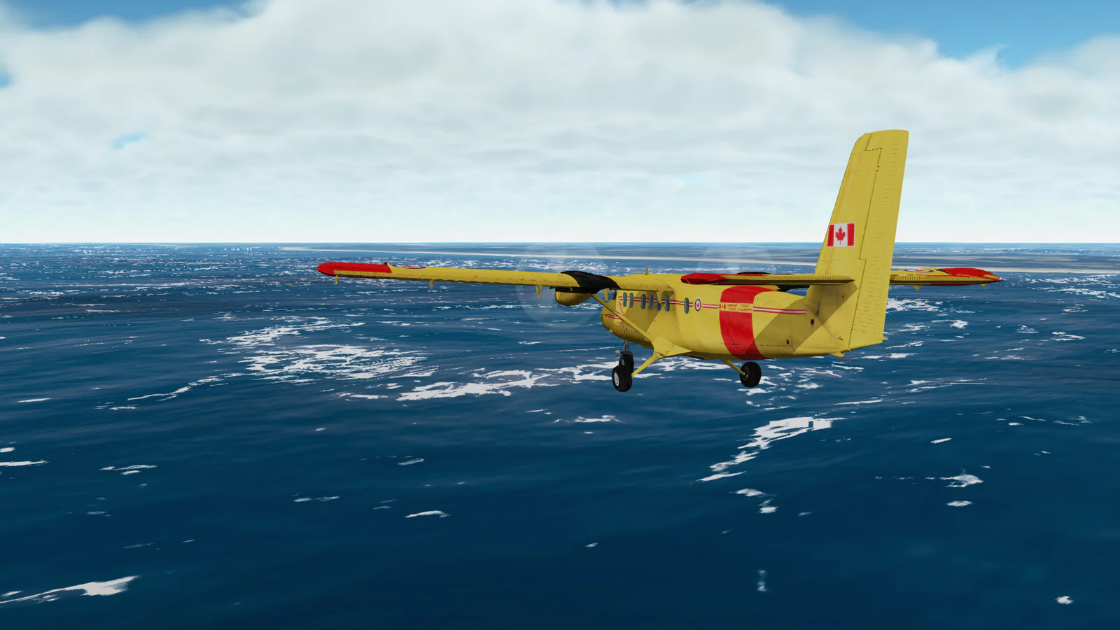 GeoFS公式配布画像。カナダの塗装を施した黄色いDHC6 Twin Otterが、雲のある海上を飛んでいる。