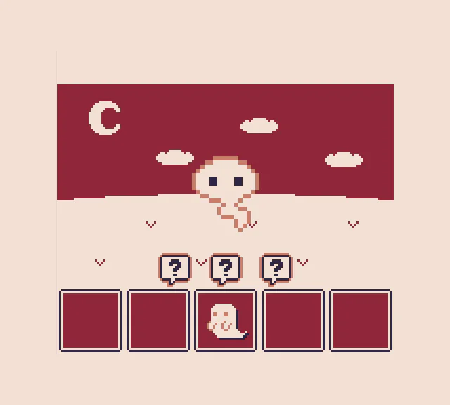 ghostfriendの夜空の下で幽霊が浮かび、画面下に三つの「?」が現れた日本語版のゲーム画面