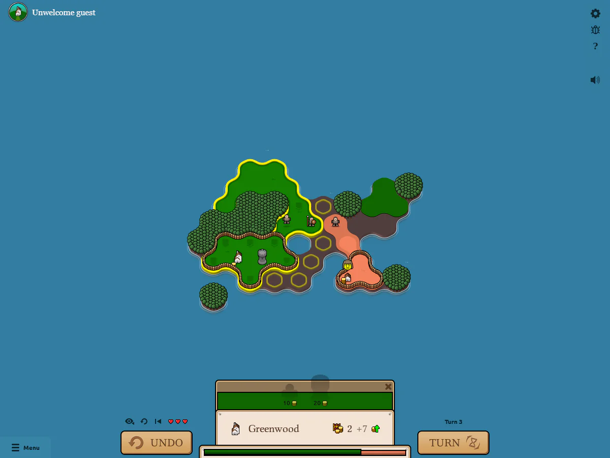 Konkr.ioのTurn 3で、橙色の敵州が中央へ進出し、緑の州がPikemanを前線に置いたゲーム中画面