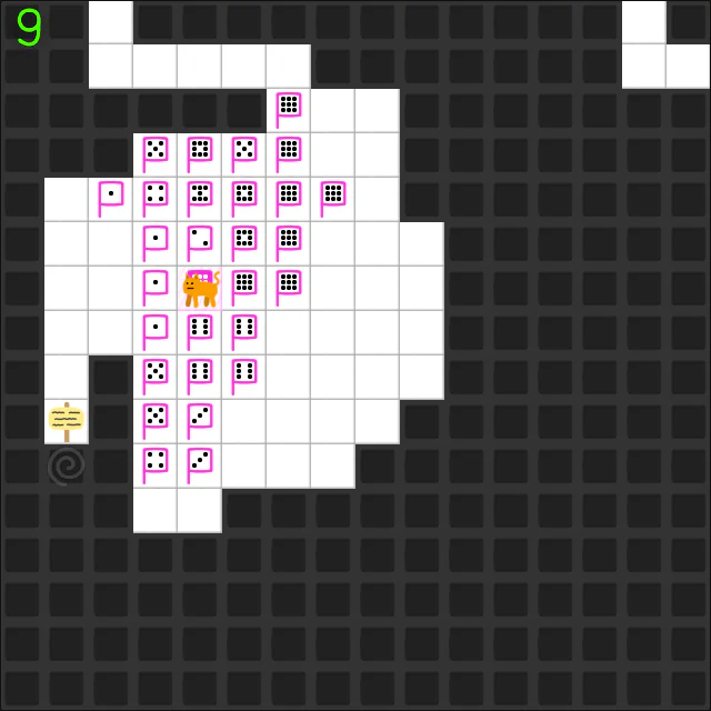 N Step Steve: part 2の序盤。猫と点の数が異なる旗が白いマスに並び、左上に残り歩数の9が表示されている。
