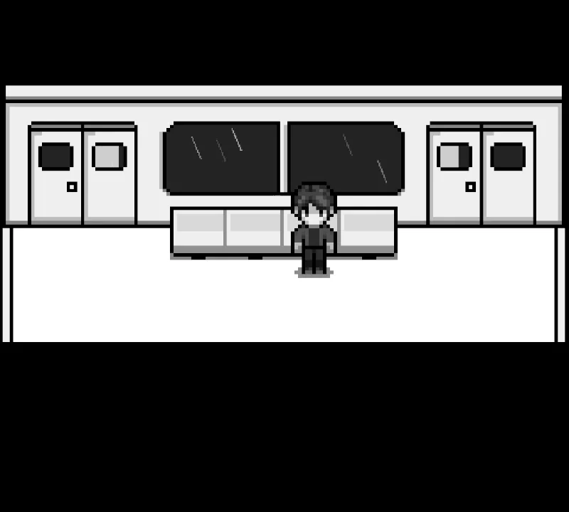雨が窓を流れる列車内に立つ主人公Arka。作者公式プレスキットのプレイ画像。