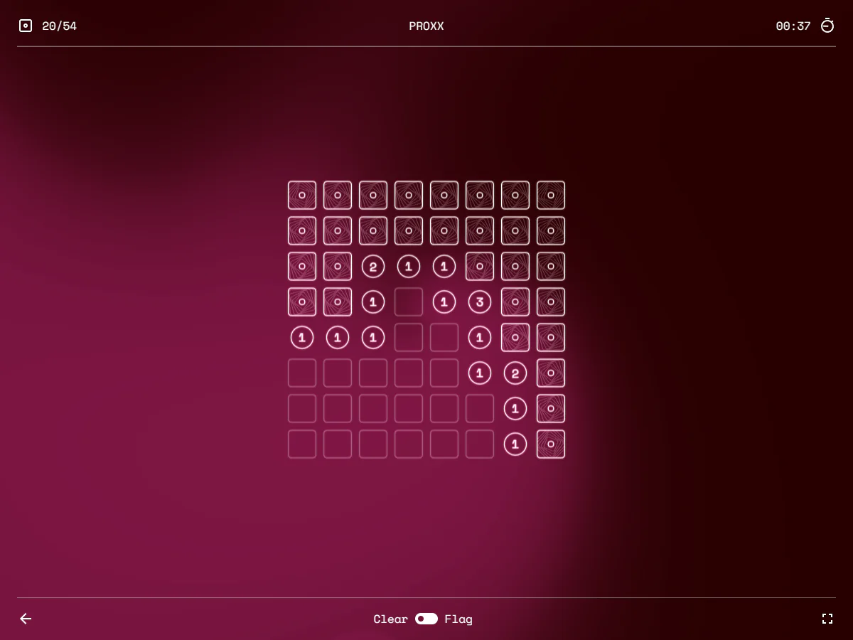 PROXXのEasy 8×8盤面で中央から右下に数字と空白セルが開き、20/54の未開封セルが残るゲーム中画面