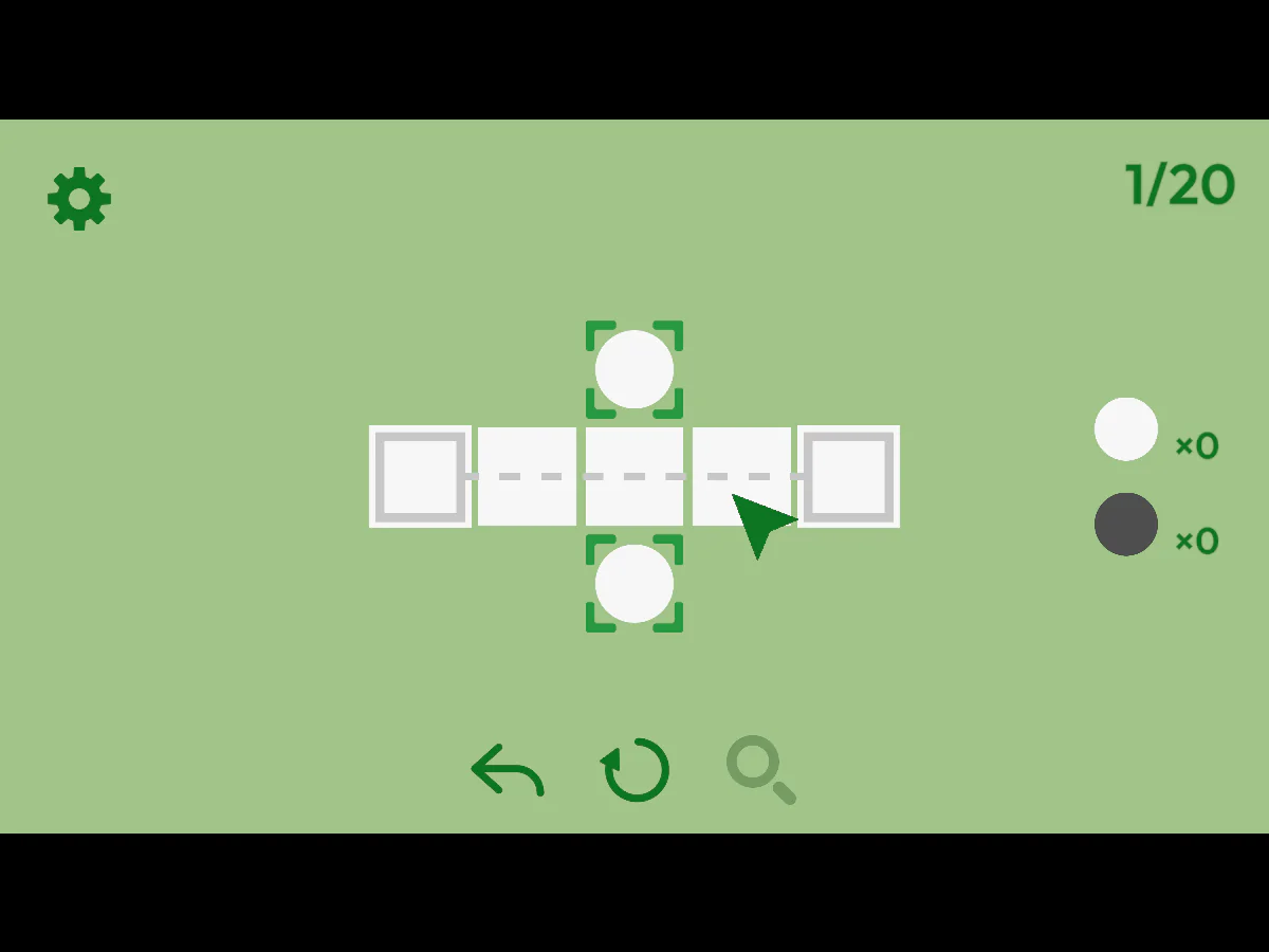 Reversible Routeのステージ1で、白石を置いた後に横一列のタイルが白くなり、点線の道と残数0が表示されたゲーム中画面