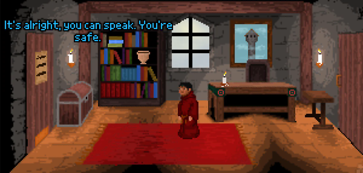 The Anchoriteで書斎の左扉をクリックした後、It's alright, you can speak. You're safe.という言葉が表示された実プレイ画面