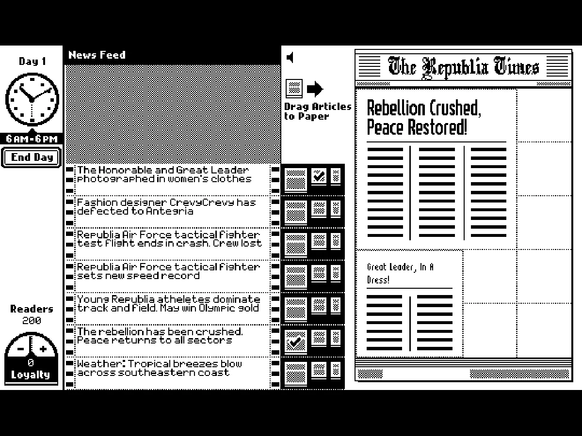 The Republia Times公式Web版のDay 1で、大きな見出しと中型の見出しを新聞紙面へ配置した編集画面