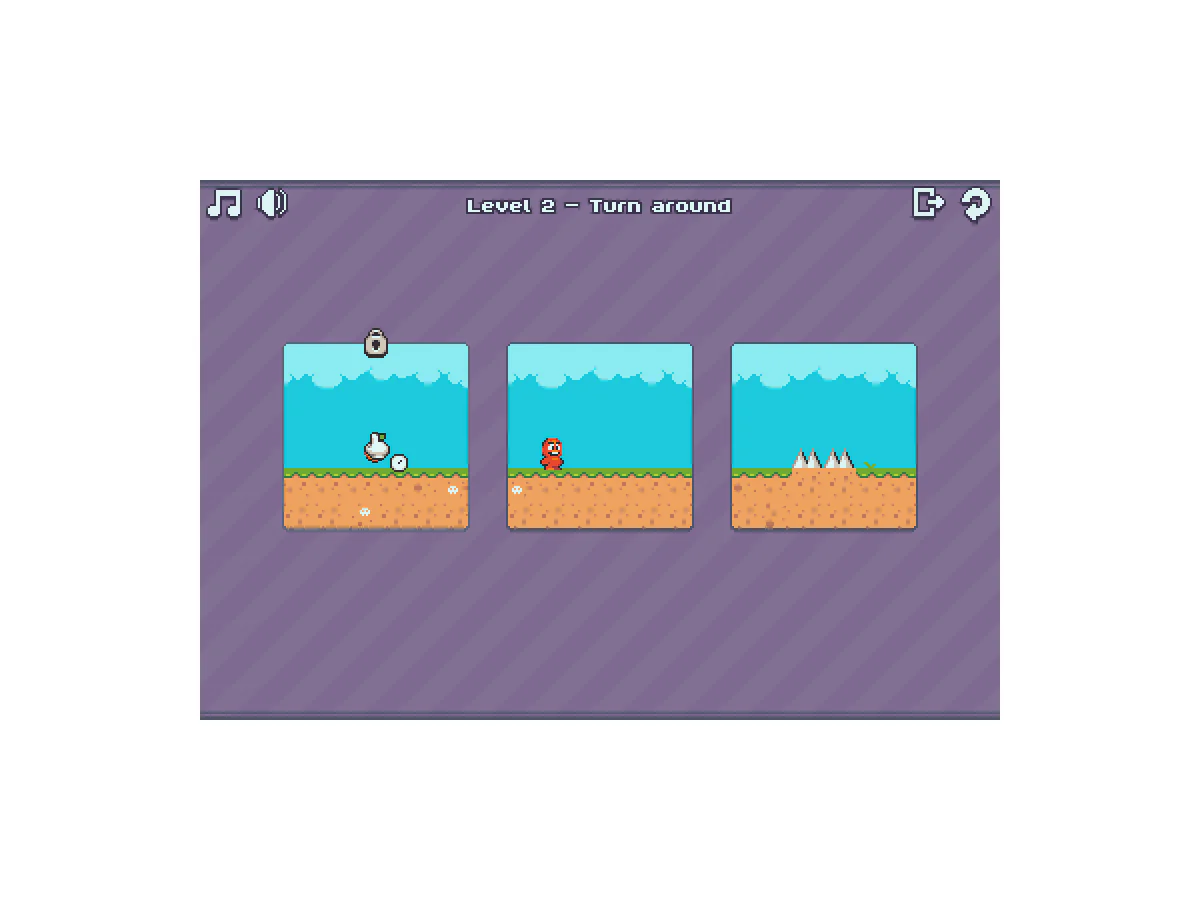 Tiny FragmentsのLevel 2で、食べ物、赤い主人公、トゲが三つの断片に分かれているゲーム中画面