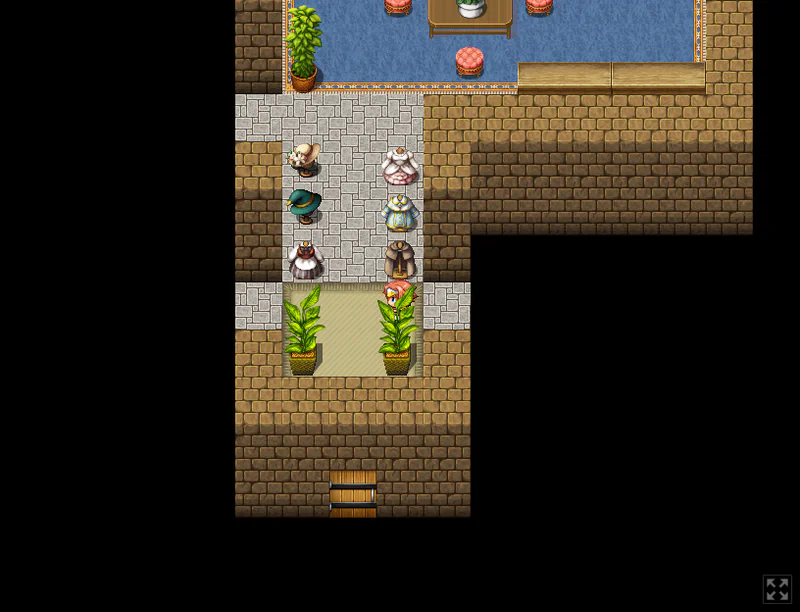 Haroldが衣服の並ぶ屋内の通路を歩く序盤の探索画面