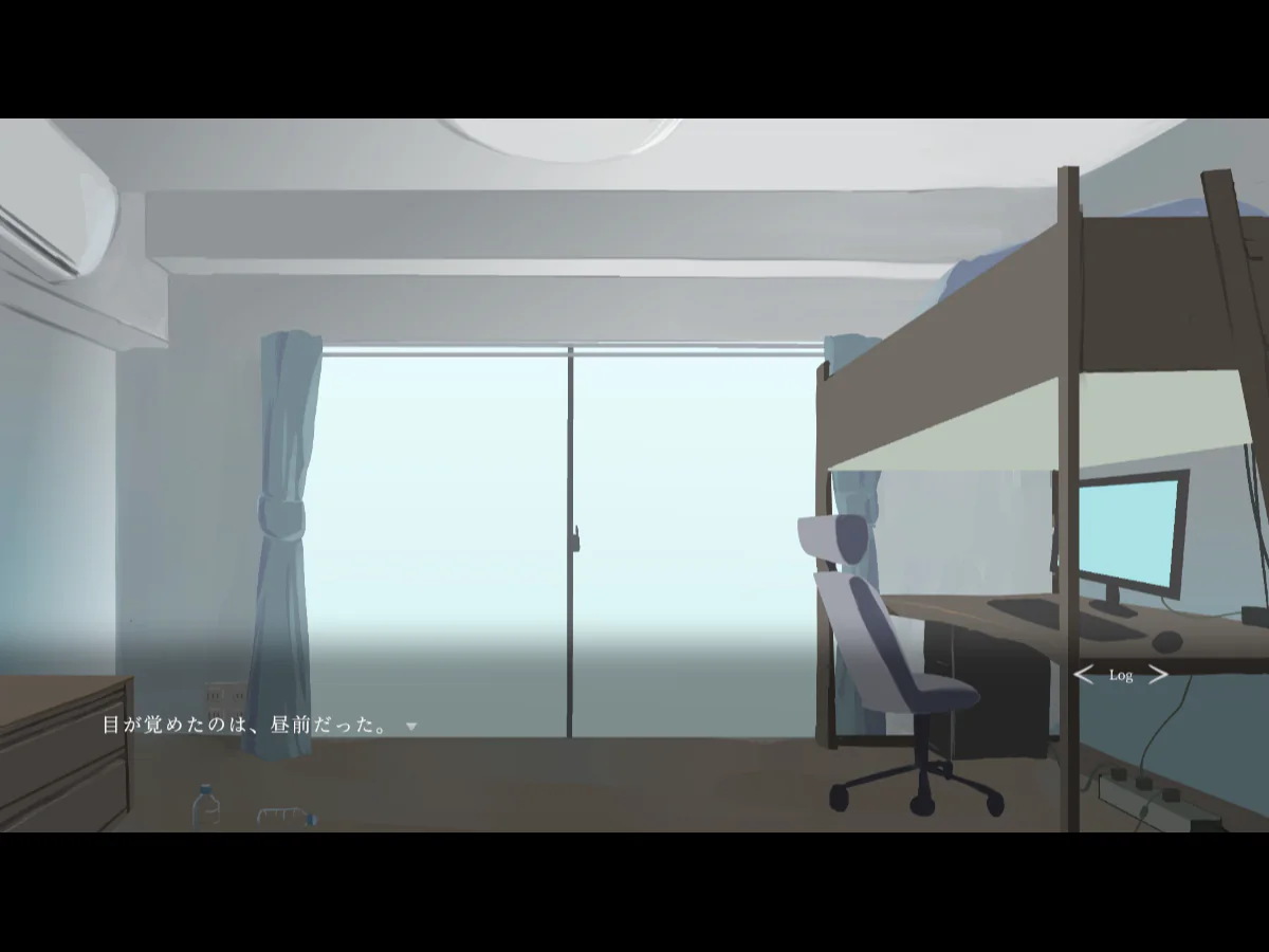 窓から昼の光が入る、二段ベッドと机のある自室を描いたU-tsu-ro-I（ウツロイ）のゲーム画面