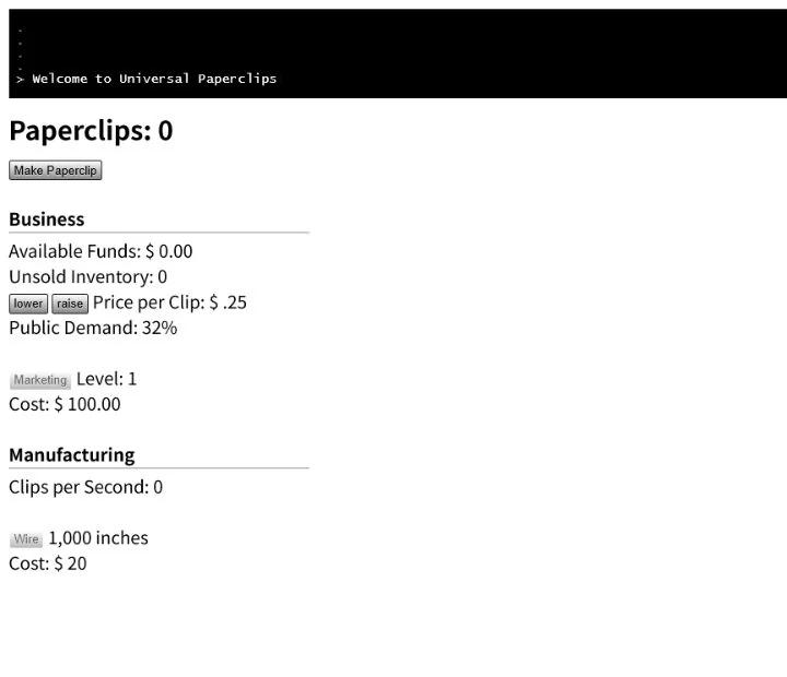 Universal Paperclips開始直後、Paperclipsが0でMake PaperclipボタンとBusiness、Manufacturingの項目が並ぶ実プレイ画面