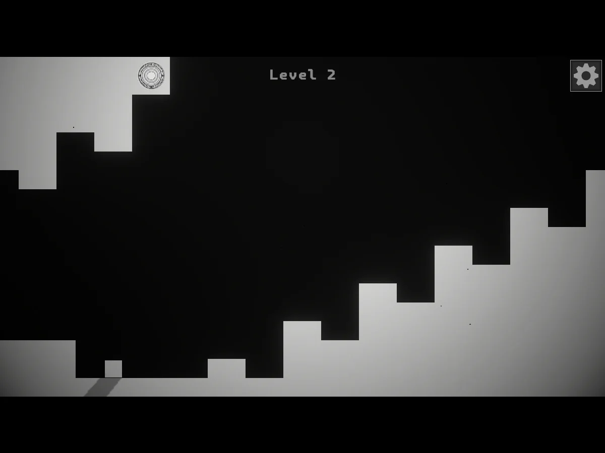 White / BlackのLevel 2で、階段状の白い地形と左上の円形ゴール、左下のプレイヤーが表示されたゲーム中画面